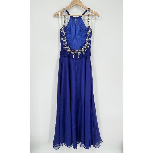 Mac Duggal Beaded Sequin Halter Maxi Prom Dress Cut-Out Open Back Sparkle Gown - Picture 8 of 13